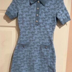 Maje Blue Textured Mini Dress short sleeve Bodycone with pockets/gold buttons